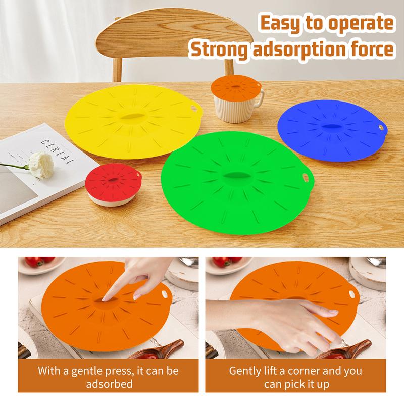 Silicone lids set, heat resistant microwave lids, reusable silicone suction cup lids in various sizes, - microwave splatter proof lids - stovetop covers - kitchen supplies.