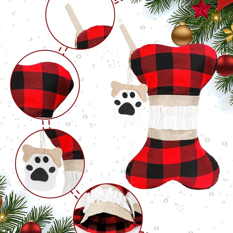 Plaid Dogs Pets Christmas Stocking 1 Pack Big Size Hand-Knitted Christmas Decoration and Family Holiday Season Decor (Red-Beige)