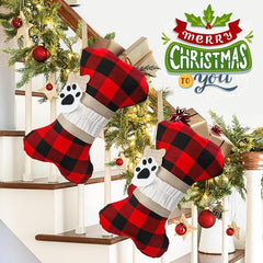 Plaid Dogs Pets Christmas Stocking 1 Pack Big Size Hand-Knitted Christmas Decoration and Family Holiday Season Decor (Red-Beige)