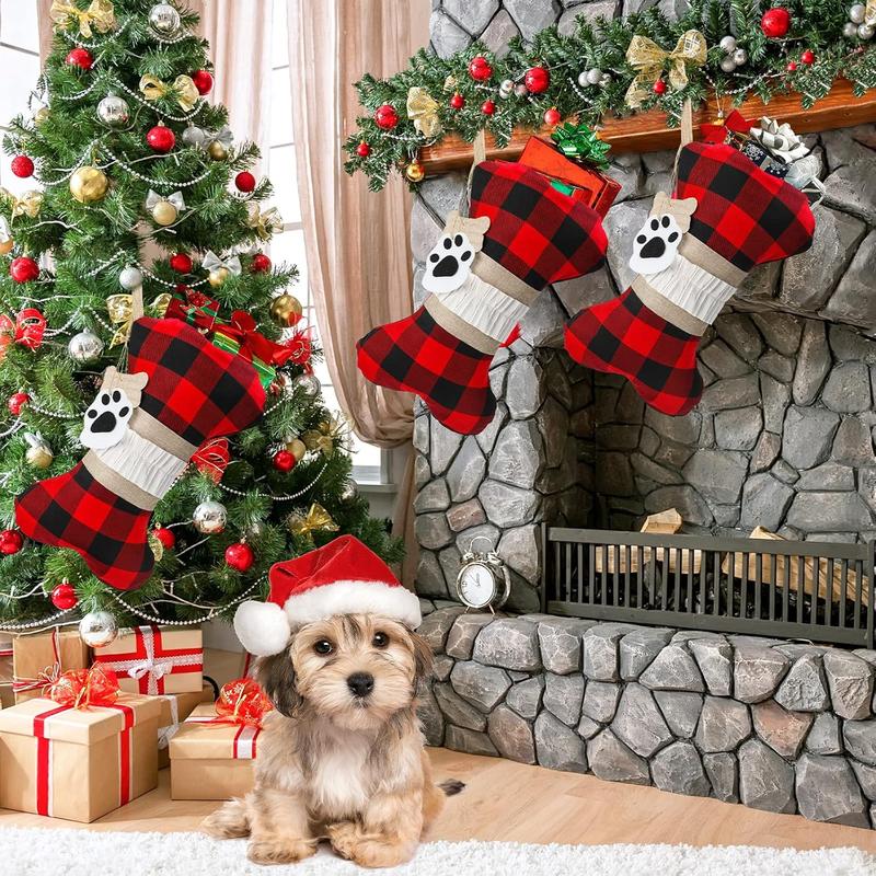 Plaid Dogs Pets Christmas Stocking 1 Pack Big Size Hand-Knitted Christmas Decoration and Family Holiday Season Decor (Red-Beige)