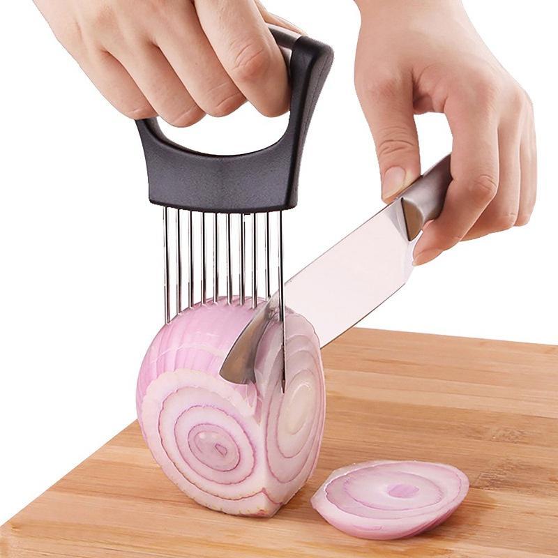 Onion Holder for Slicing, 1 Count Stainless Steel Onion Slicer Aid, Onion Slicer Tool, Vegetable Handling Tools, Kitchen Gadgets