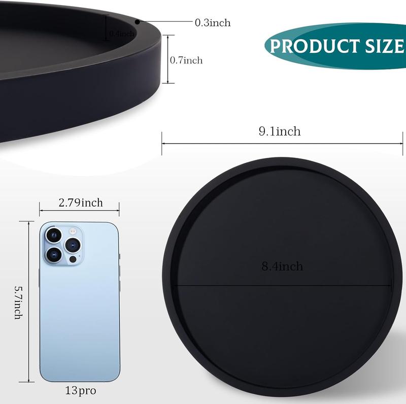 Silicone Bathroom Tray Round Vanity Tray Decorative Soap Holder Kitchen Countertop Organizer Coffee Table Decor, 9 Inch, Black