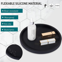 Silicone Bathroom Tray Round Vanity Tray Decorative Soap Holder Kitchen Countertop Organizer Coffee Table Decor, 9 Inch, Black