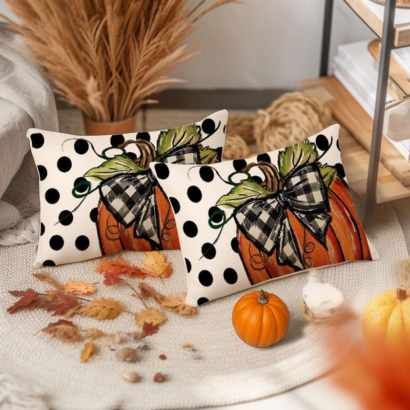 Polka Dot Pumpkin Lumbar Pillow Cover 12X20 Inch Fall Harvest Thanksgiving Rectangular Pillow Cover Set of 2 Farmhouse Home Decor