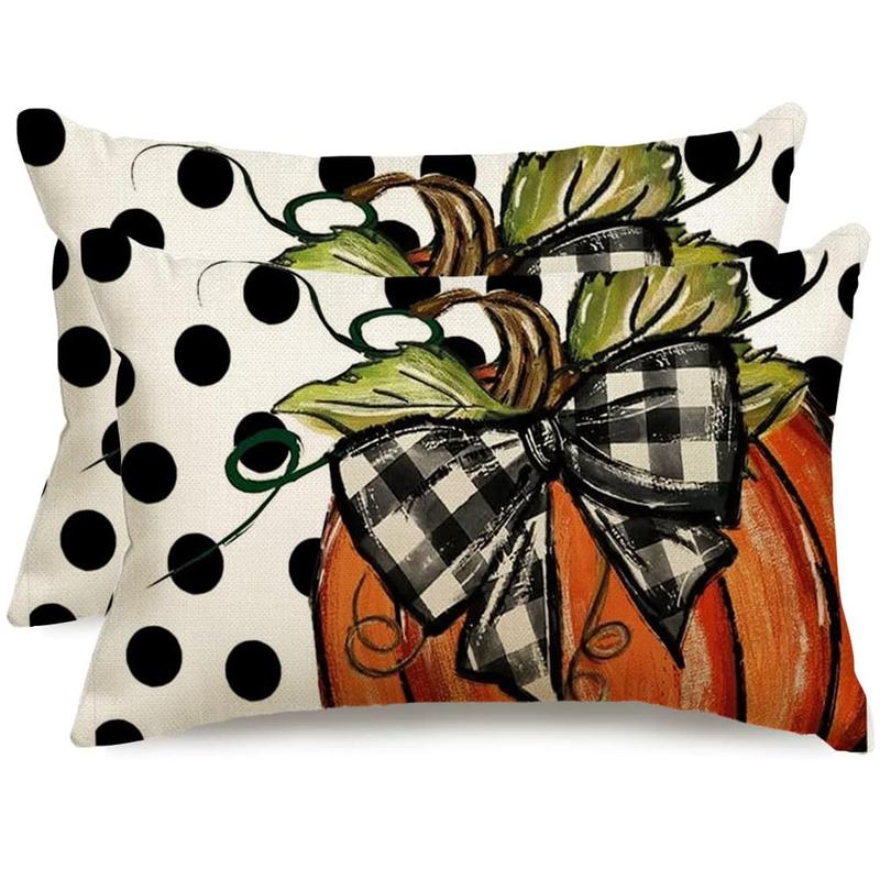 Polka Dot Pumpkin Lumbar Pillow Cover 12X20 Inch Fall Harvest Thanksgiving Rectangular Pillow Cover Set of 2 Farmhouse Home Decor