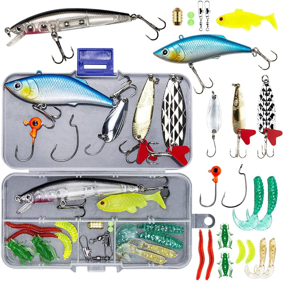 Fishing Lures Kit for Freshwater Bait Tackle Kit for Bass Trout Salmon Fishing Accessories Tackle Box Including Spoon Lures Soft Plastic Worms