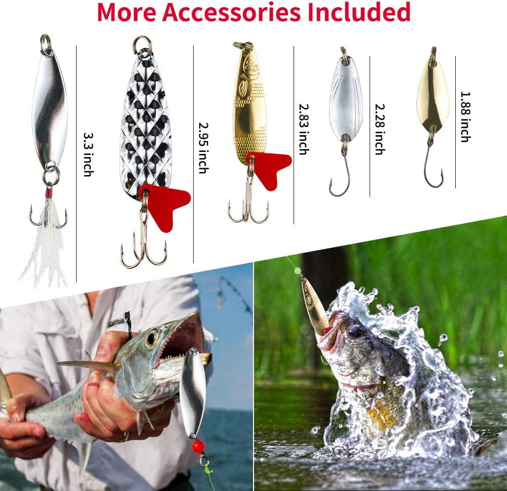 Fishing Lures Kit for Freshwater Bait Tackle Kit for Bass Trout Salmon Fishing Accessories Tackle Box Including Spoon Lures Soft Plastic Worms