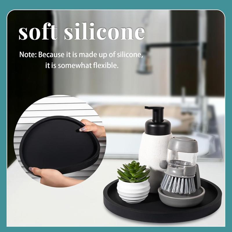 Silicone Bathroom Tray Round Vanity Tray Decorative Soap Holder Kitchen Countertop Organizer Coffee Table Decor, 9 Inch, Black