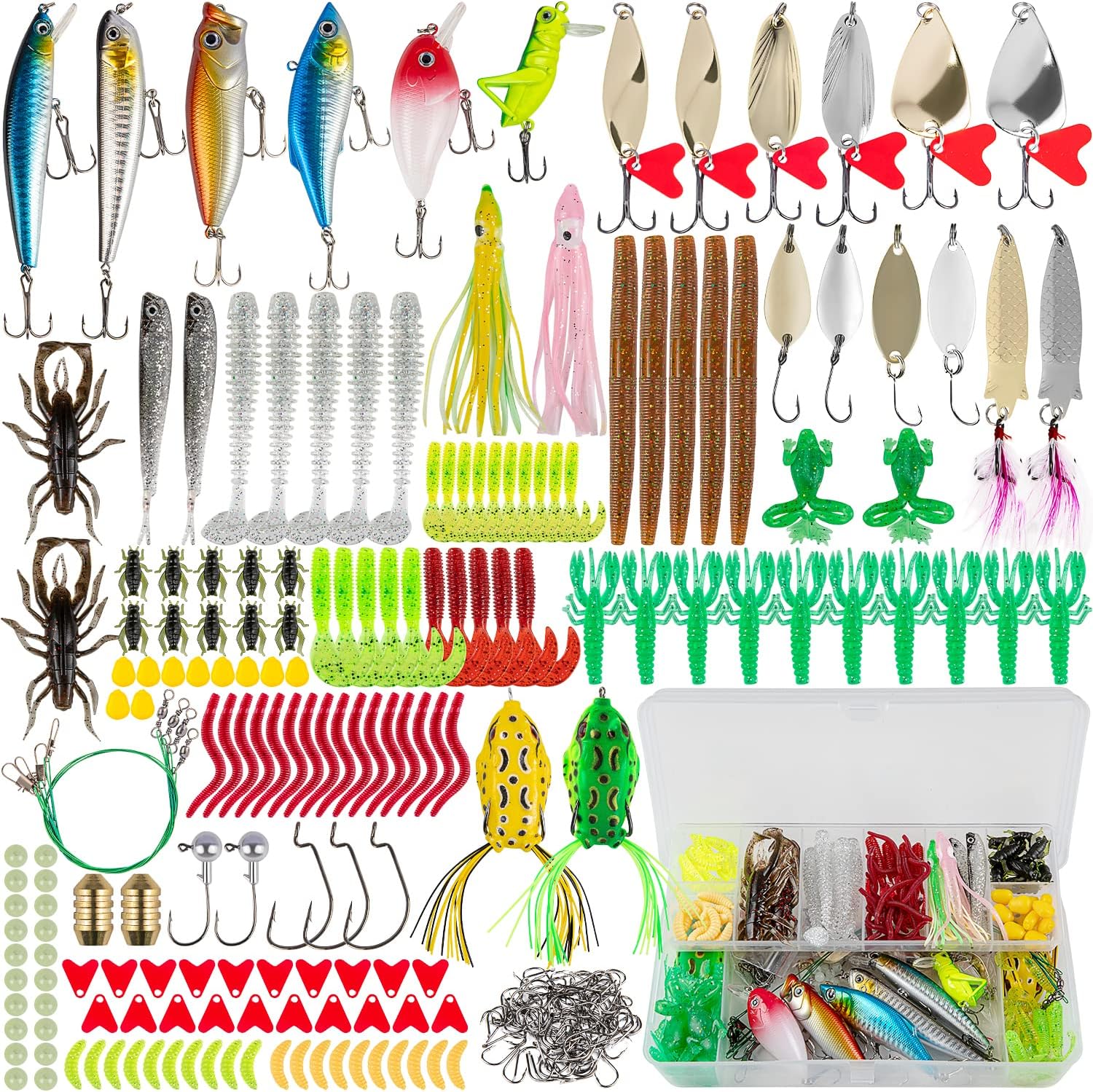 Fishing Lures Kit for Freshwater Bait Tackle Kit for Bass Trout Salmon Fishing Accessories Tackle Box Including Spoon Lures Soft Plastic Worms