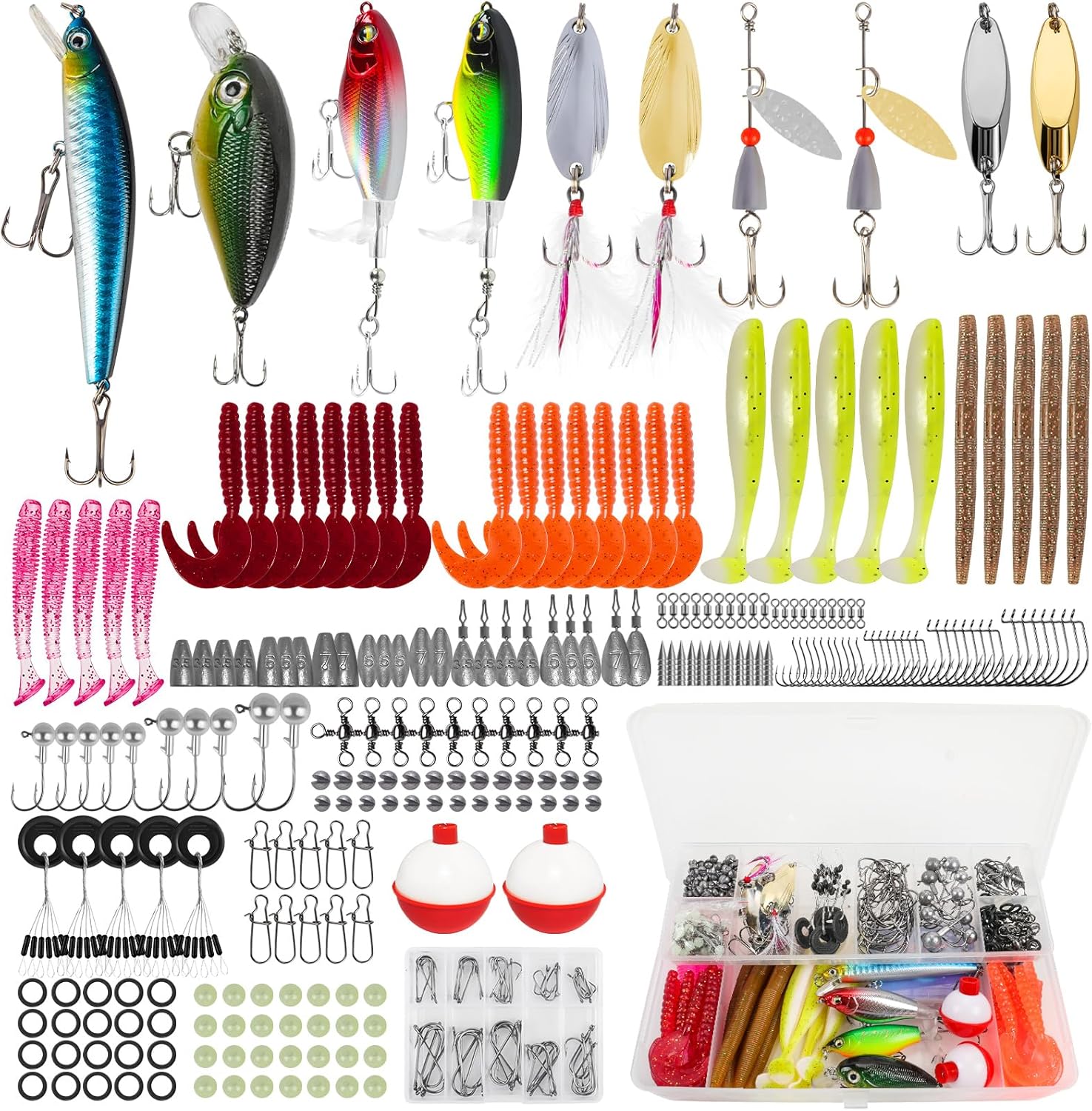 Fishing Lures Kit for Freshwater Bait Tackle Kit for Bass Trout Salmon Fishing Accessories Tackle Box Including Spoon Lures Soft Plastic Worms