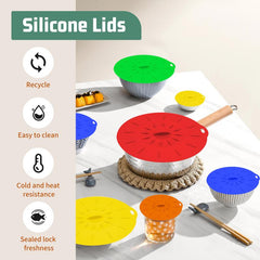 Silicone lids set, heat resistant microwave lids, reusable silicone suction cup lids in various sizes, - microwave splatter proof lids - stovetop covers - kitchen supplies.