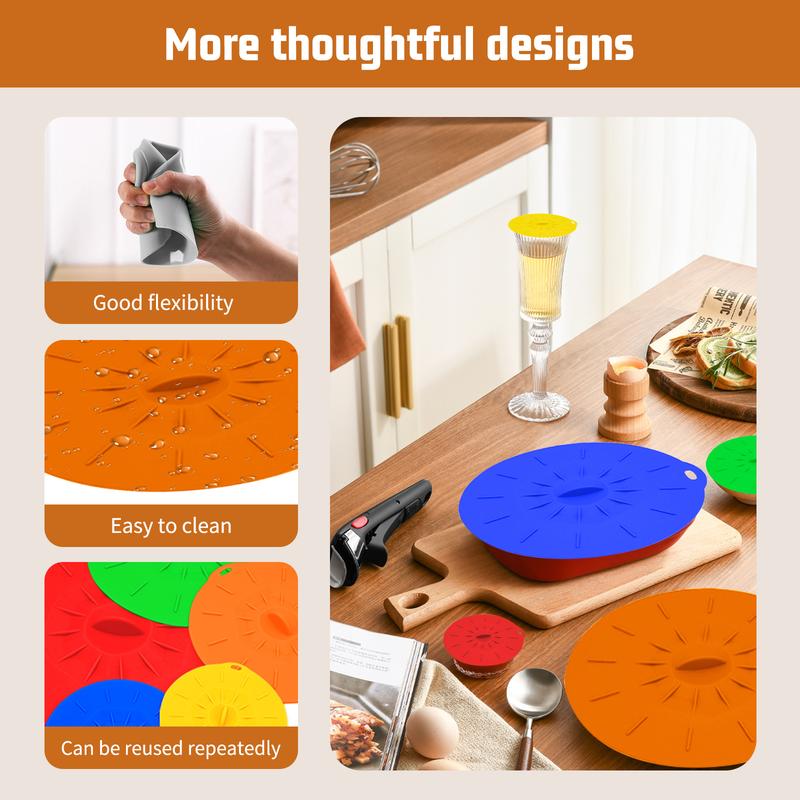 Silicone lids set, heat resistant microwave lids, reusable silicone suction cup lids in various sizes, - microwave splatter proof lids - stovetop covers - kitchen supplies.