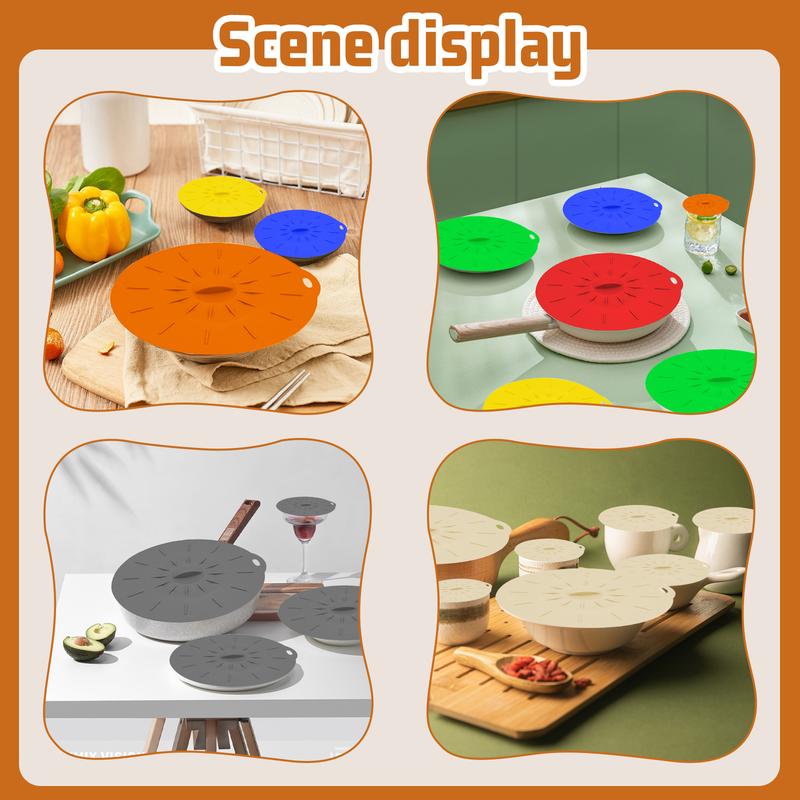 Silicone lids set, heat resistant microwave lids, reusable silicone suction cup lids in various sizes, - microwave splatter proof lids - stovetop covers - kitchen supplies.