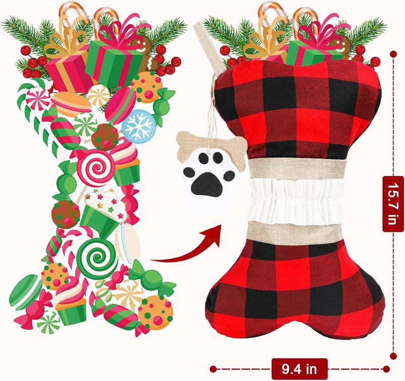 Plaid Dogs Pets Christmas Stocking 1 Pack Big Size Hand-Knitted Christmas Decoration and Family Holiday Season Decor (Red-Beige)