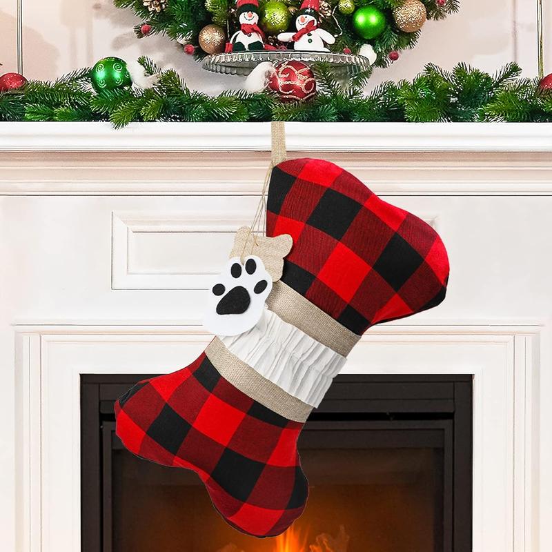 Plaid Dogs Pets Christmas Stocking 1 Pack Big Size Hand-Knitted Christmas Decoration and Family Holiday Season Decor (Red-Beige)